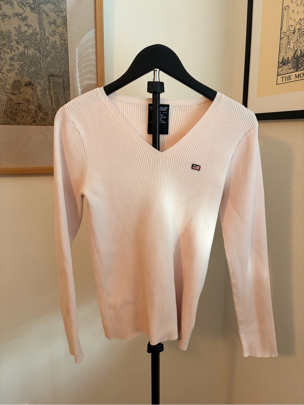 Polo by Ralph Lauren Light Pink Ribbed V-Neck Long Sleeve Top
